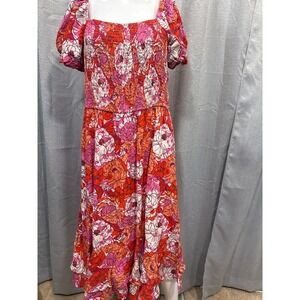 Jopsa Pink Orange Floral Smocked Midi Dress Puff Sleeve Tiered Ruffle XL